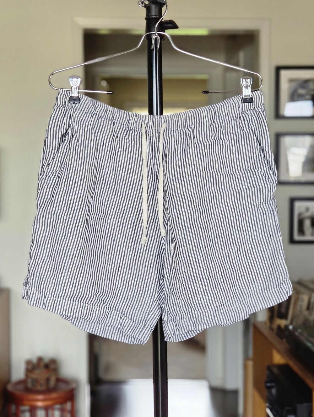Alex Crane Bo Shorts - Navy & White Striped Linen Drawstring Shorts
